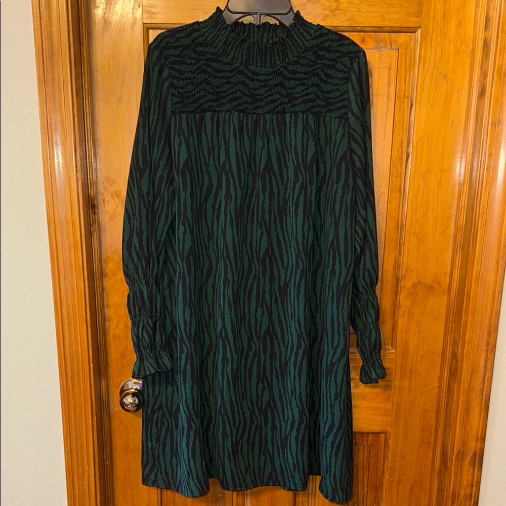 THML Green Smocked Pleated Dress with Bishop Sleeves